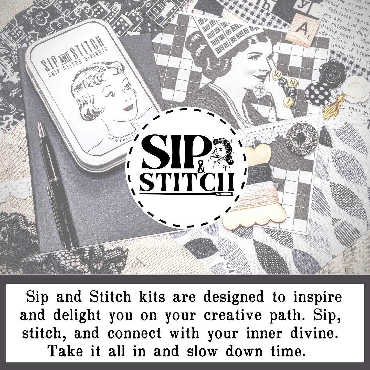 Sip & Stitch Collage Kit: Never A Cross Word | Slow Stitch Inspiration Tea Kit | (Digital Designs/Fabric/Buttons/Lace/Herbal Tea +)