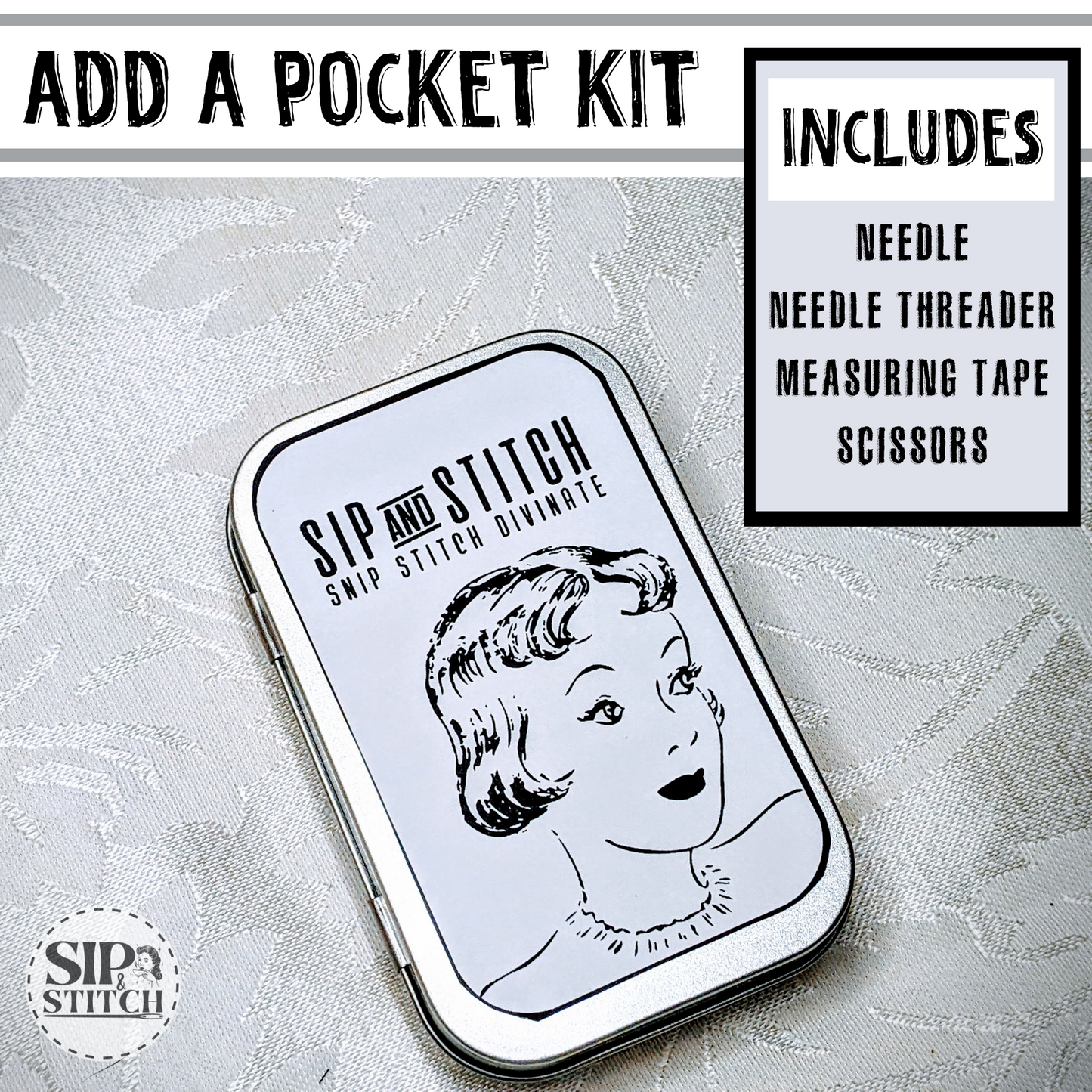 Sip & Stitch Collage Kit: Never A Cross Word | Slow Stitch Inspiration Tea Kit | (Digital Designs/Fabric/Buttons/Lace/Herbal Tea +)