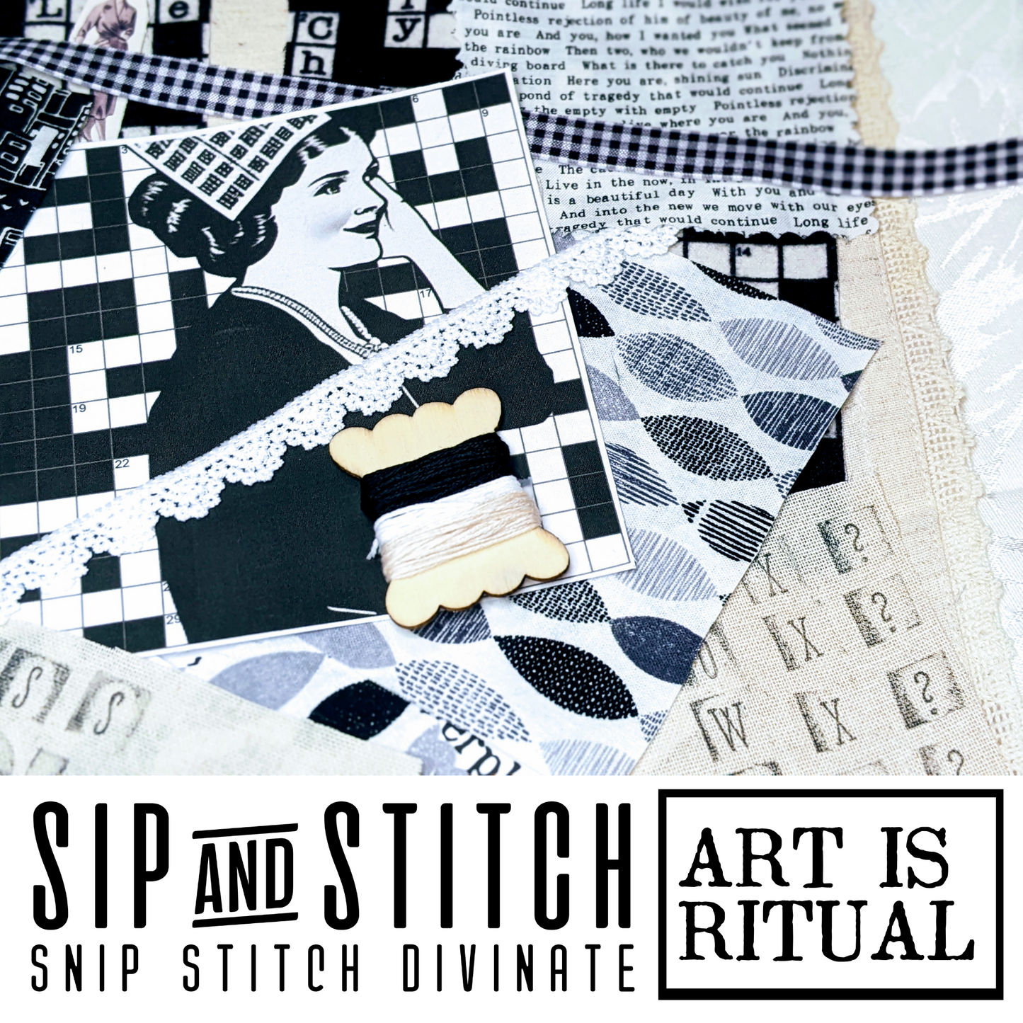 Sip & Stitch Collage Kit: Never A Cross Word | Slow Stitch Inspiration Tea Kit | (Digital Designs/Fabric/Buttons/Lace/Herbal Tea +)