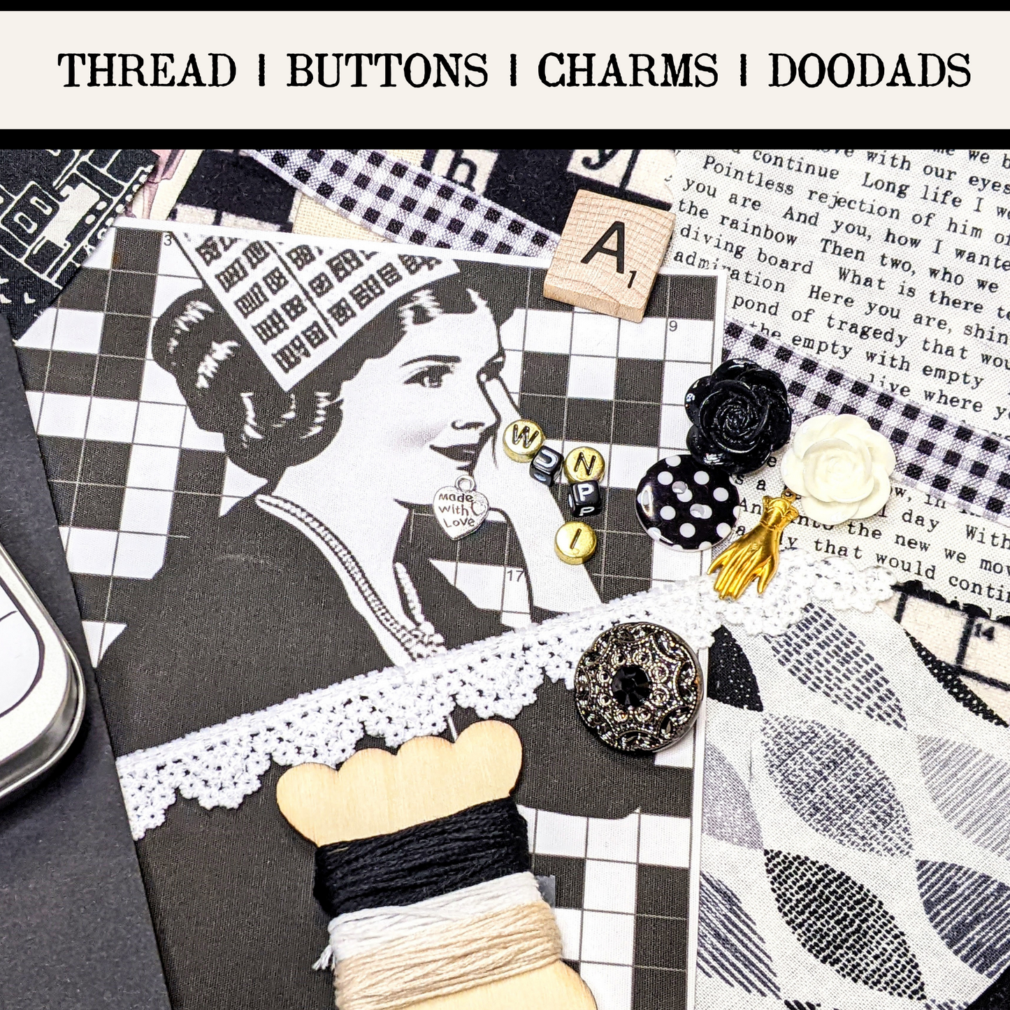 Sip & Stitch Collage Kit: Never A Cross Word | Slow Stitch Inspiration Tea Kit | (Digital Designs/Fabric/Buttons/Lace/Herbal Tea +)