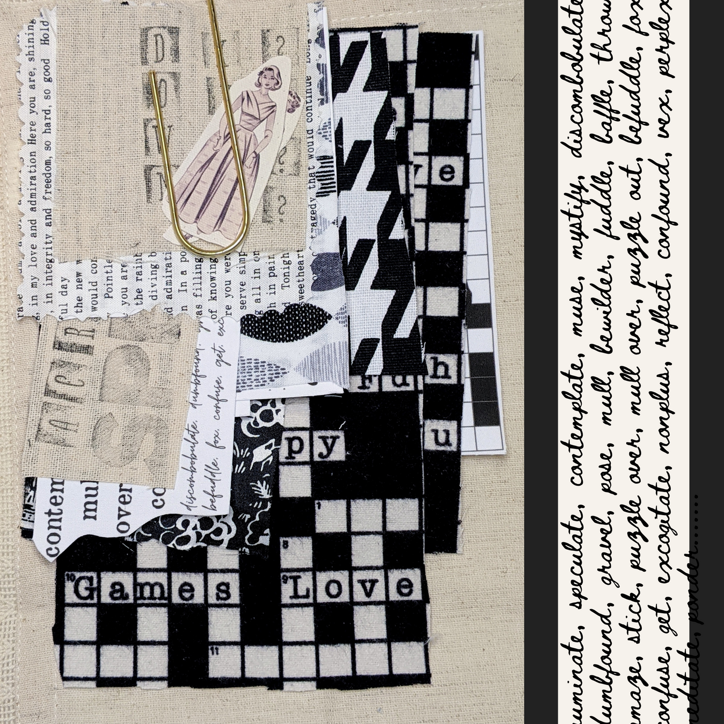 Sip & Stitch Collage Kit: Never A Cross Word | Slow Stitch Inspiration Tea Kit | (Digital Designs/Fabric/Buttons/Lace/Herbal Tea +)