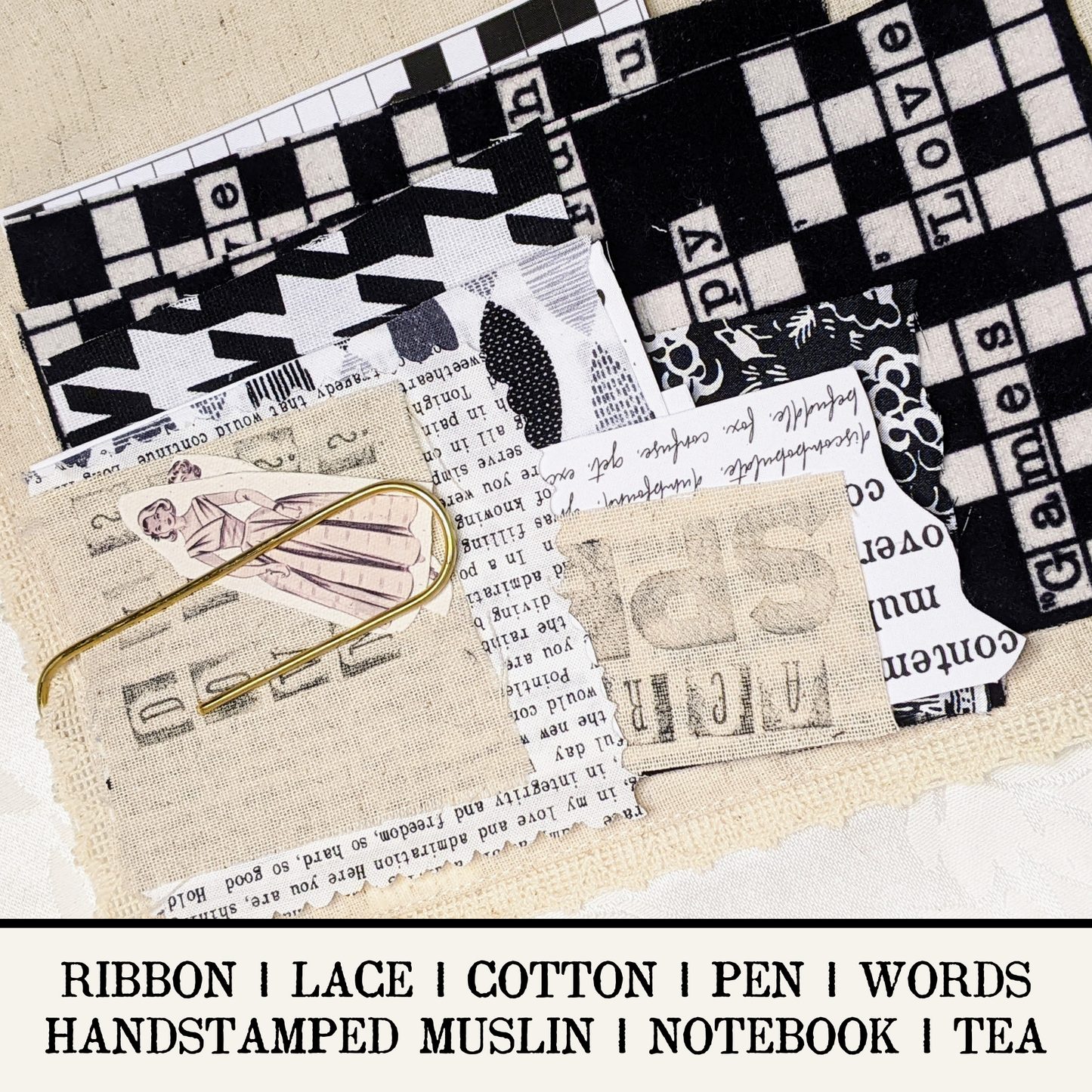 Sip & Stitch Collage Kit: Never A Cross Word | Slow Stitch Inspiration Tea Kit | (Digital Designs/Fabric/Buttons/Lace/Herbal Tea +)