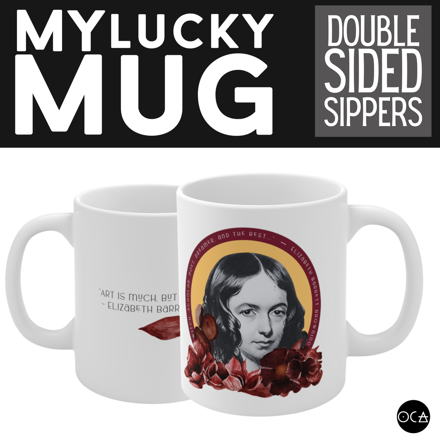 Elizabeth Barrett Browning Mug (Doublesided/2 Color Options) Herbteller Lucky Mugs | Gifts for Writers, Readers, Tellers, and Taleswappers