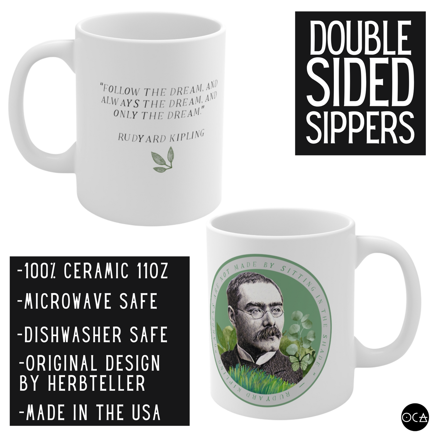Rudyard Kipling Mug (Doublesided/2 Color Options) Herbteller Lucky Mugs | Gifts for Writers, Readers, Tellers, and Taleswappers