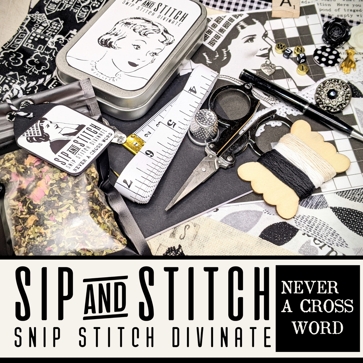 Sip & Stitch Collage Kit: Never A Cross Word | Slow Stitch Inspiration Tea Kit | (Digital Designs/Fabric/Buttons/Lace/Herbal Tea +)