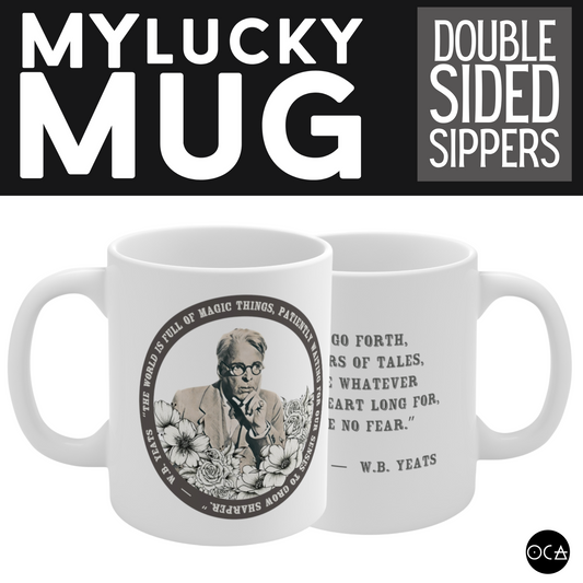 William Butler Yeats Mug (Doublesided/2 Color Options) Herbteller Lucky Mugs | Gifts for Writers, Readers, Tellers, and Taleswappers