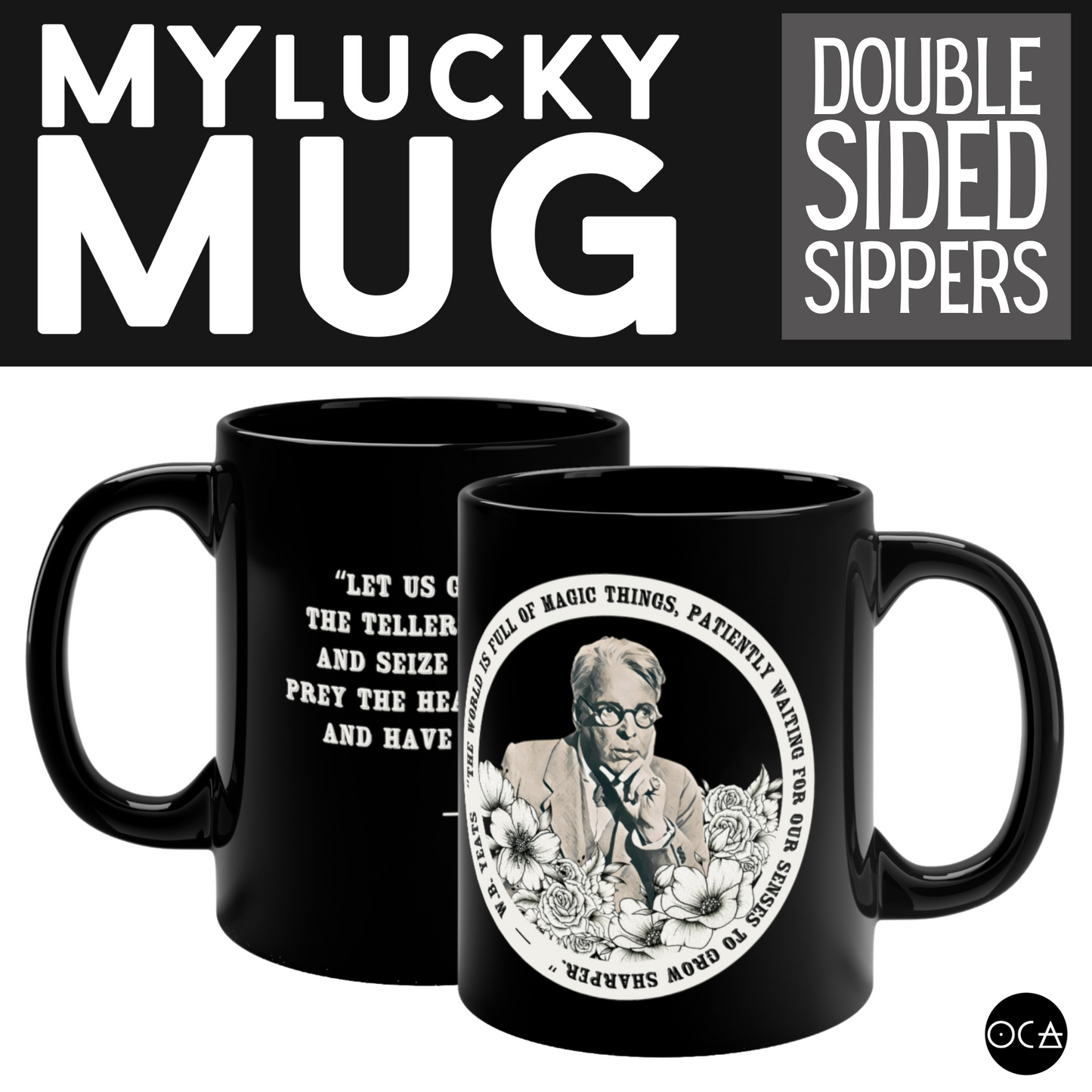 William Butler Yeats Mug (Doublesided/2 Color Options) Herbteller Lucky Mugs | Gifts for Writers, Readers, Tellers, and Taleswappers