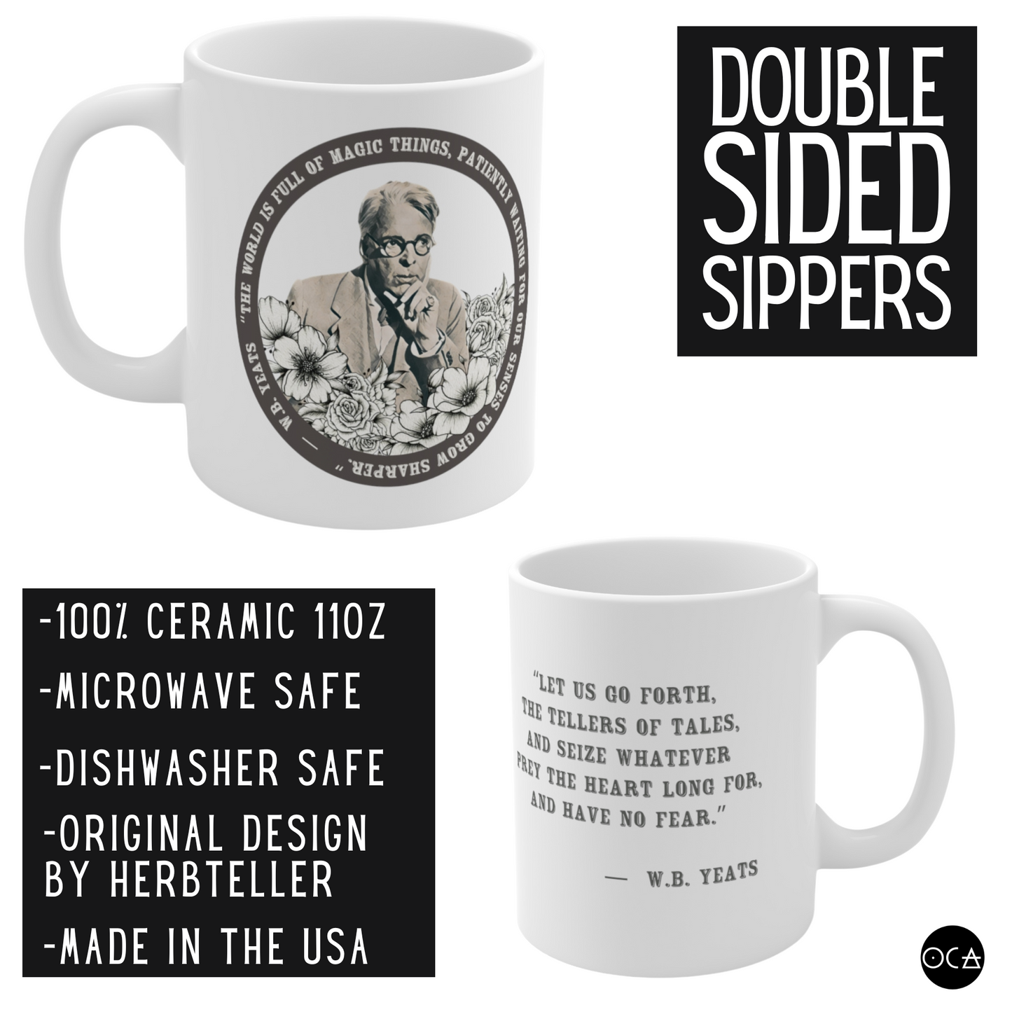 William Butler Yeats Mug (Doublesided/2 Color Options) Herbteller Lucky Mugs | Gifts for Writers, Readers, Tellers, and Taleswappers