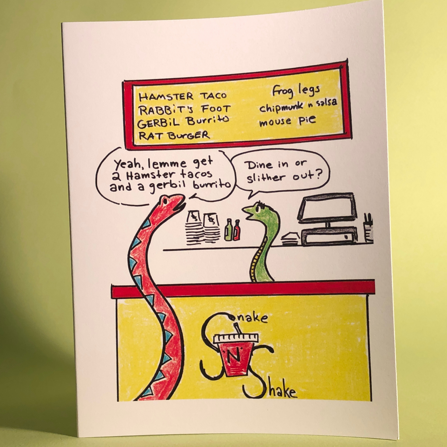 Slither Out --- Don't forget a mouse pie for dessert! Greeting Card (Original Art by Green Camel Press) - Original City Apothecary